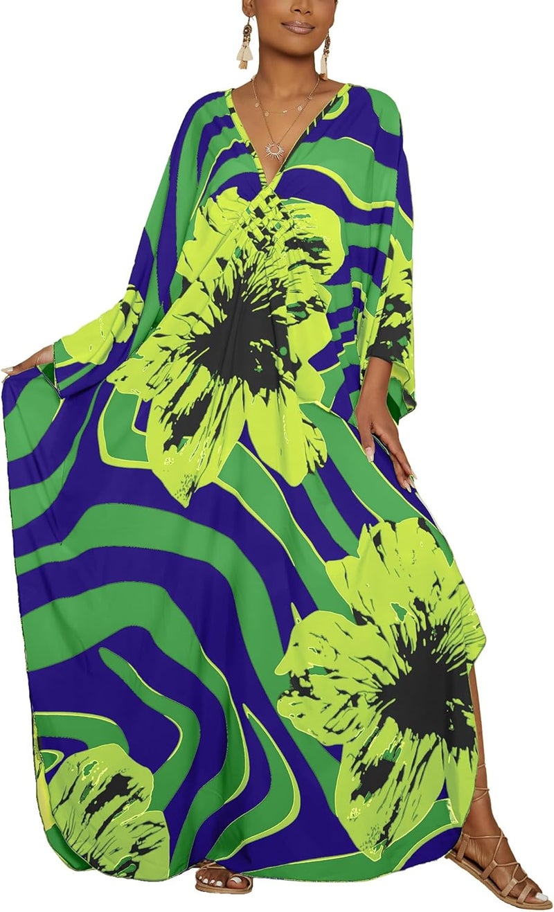 Bsubseach Women Floral Print Kaftan Dresses Plus Size Bathing Suit Cover Up Moo Moos Caftan Beach Dress for Swimwear Summer - Image 1
